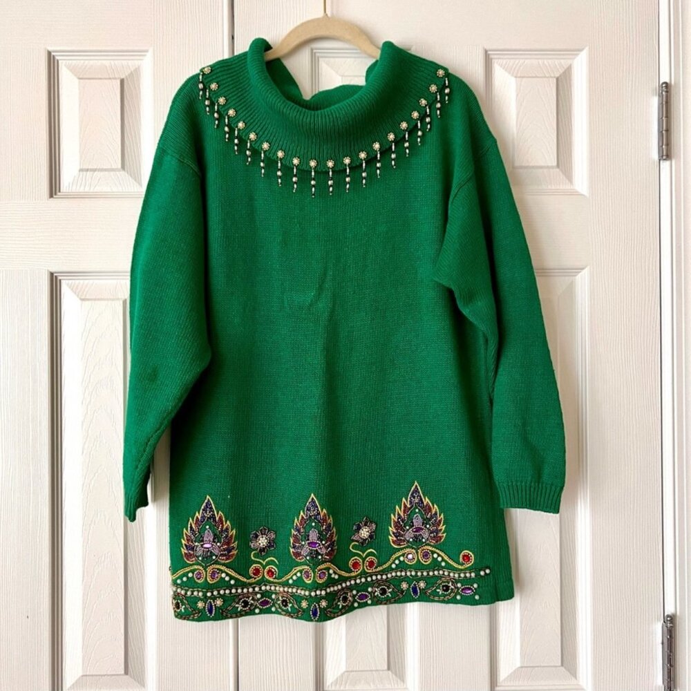 Quirky Vintage beaded turtleneck teacher knit sweater embroidery pearls Medium